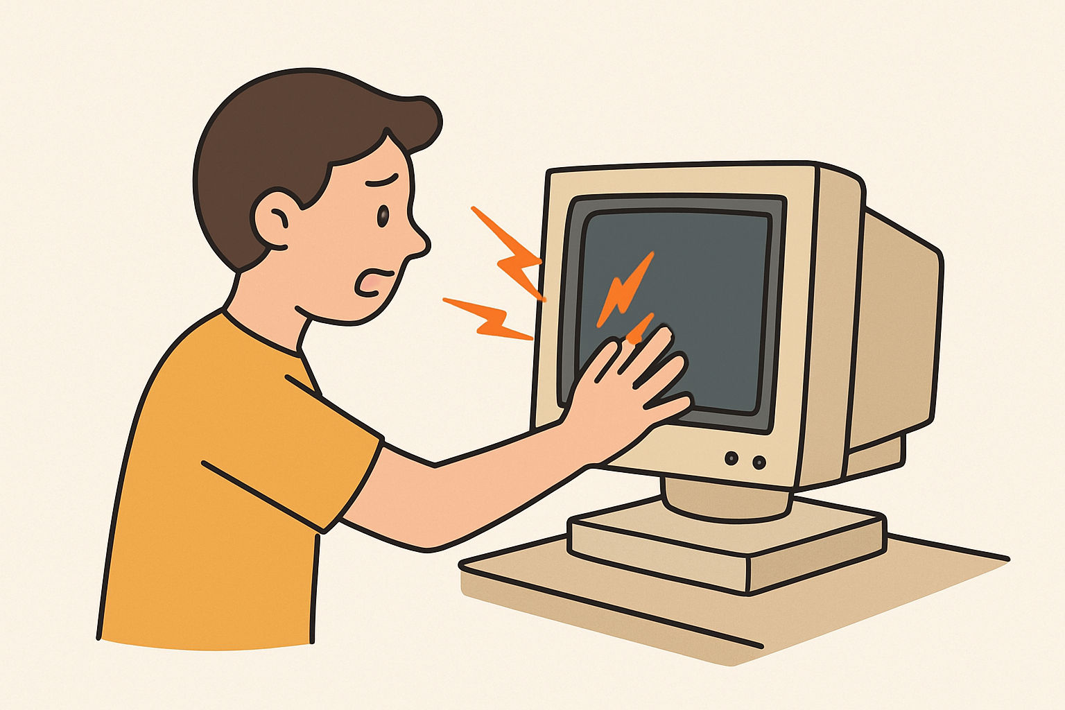 Pessoa recebendo carga elétrica acumulada na tela de um monitor antigo.