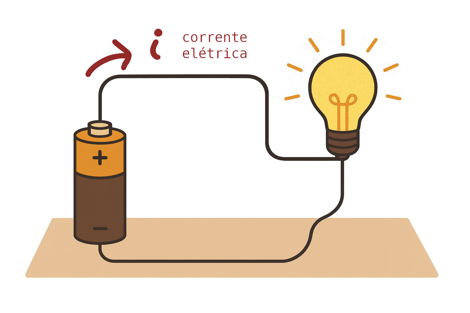 Circuito elétrico simples formado por pilha e lâmpada incandescente.