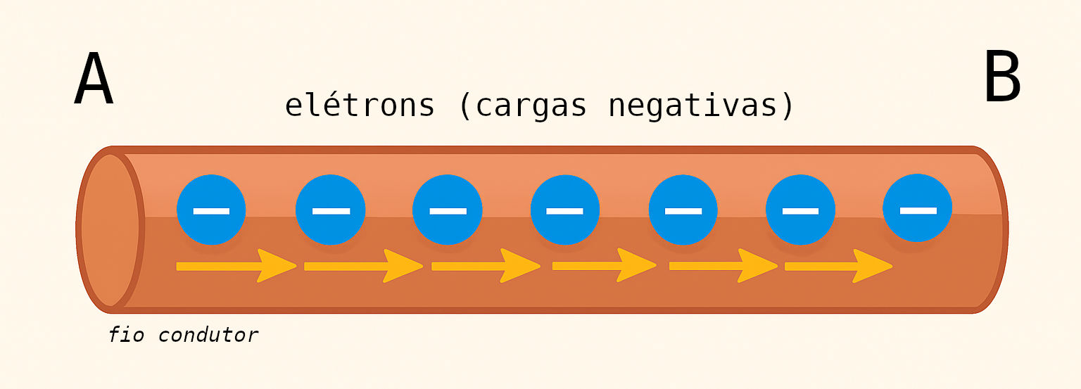 Ilustração da corrente elétrica em um fio condutor.