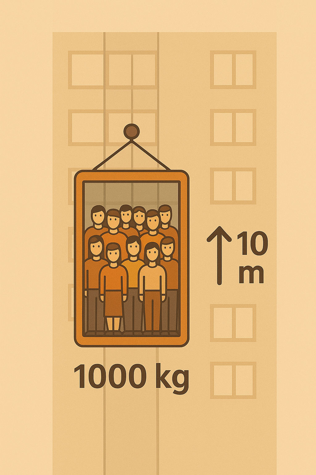 Ilustrando os conceitos de potência e energia com um elevador: para subir 1000 kg a uma altura de 10 m, a energia é sempre a mesma. A potência vai mudar conforme você queira subir mais rápido ou devagar.